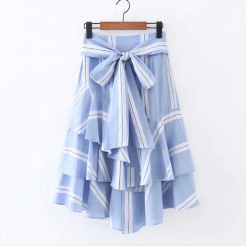 ZARA Asymmetrical ruffle midi skirt in blue, white and black stripe